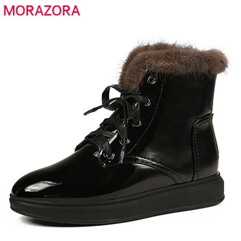 

MORAZORA 2020 new fashion winter snow boots women warm patent leather round toe lace up flat shoes ladies ankle boots black