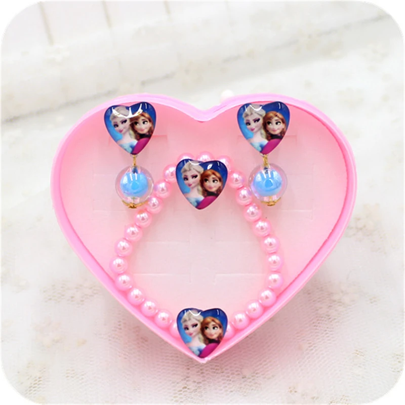 

4pcs Disney cartoon children Frozen ring+bracelet+earring clip Elsa princess doll accessories girl birthday gift box cosmetic