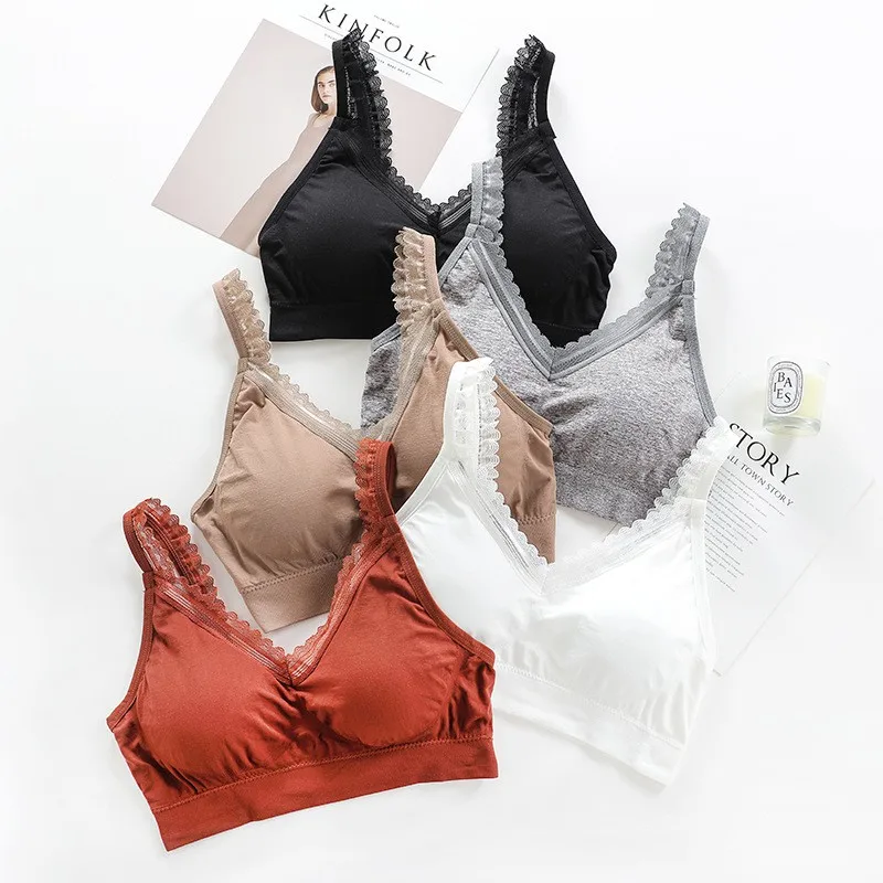 

Women Seamless Solid Color Lace Bras Female Tank Top Wireless Bra with Pads Underwear 2019