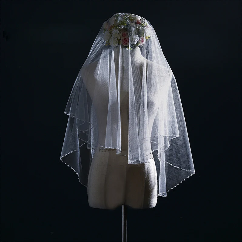 Свадебная фата с бисером по краям,, многослойная белая короткая фата невесты с гребнем, flor cabelo casamento noiva, фата