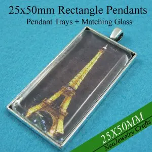 

25x50mm Antique Silver Rectangle Pendant Settings, Blank Pendant Tray + Matching Glass for DIY Photo Pendant Making