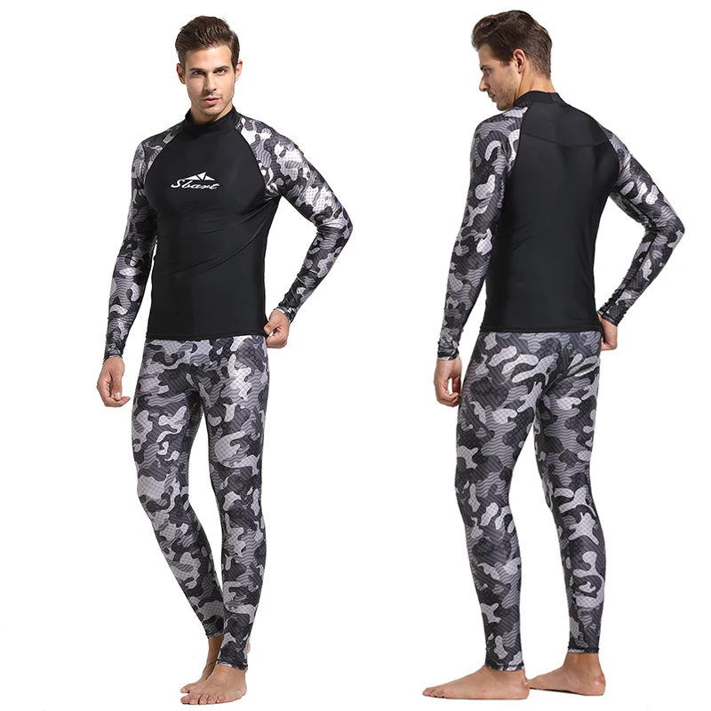 Skup Męska Camo z długim rękawem Rashguard stroje kąpielowe UPF 50 + wysypka straż sportowy topy i spodnie i spódnice podstawowe do nurkowania Surfing pływanie Sun garnitur