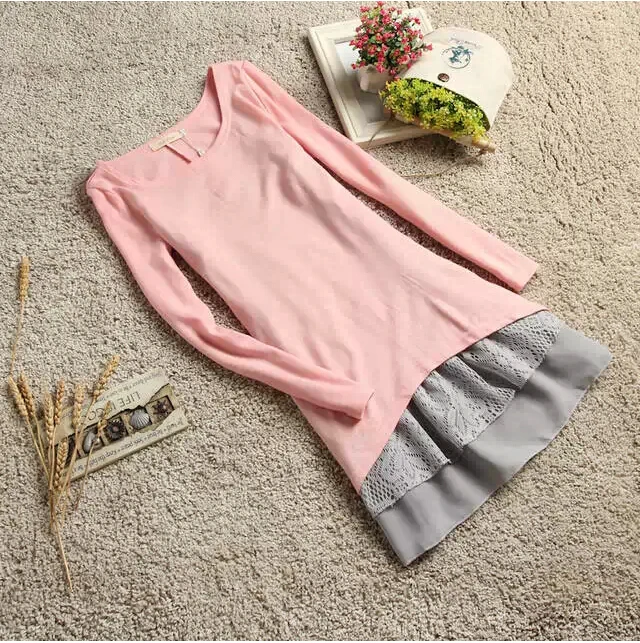 Ladies Dresses New 2015 Spring Autumn Pink Black Korean Casual Style Clothing Set Cotton Knitted Top And Strap Women Lace Dress | Женская