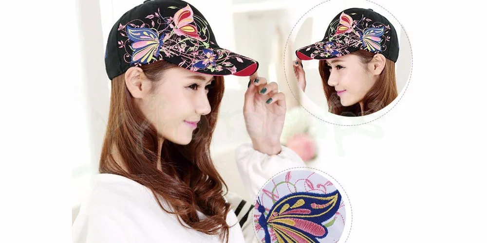 Для женщин новые весенние бабочки вышитые Бейсбол Кепки Для женщин летние козырек Sunhats леди мода торговый Велоспорт из спорта Snapback