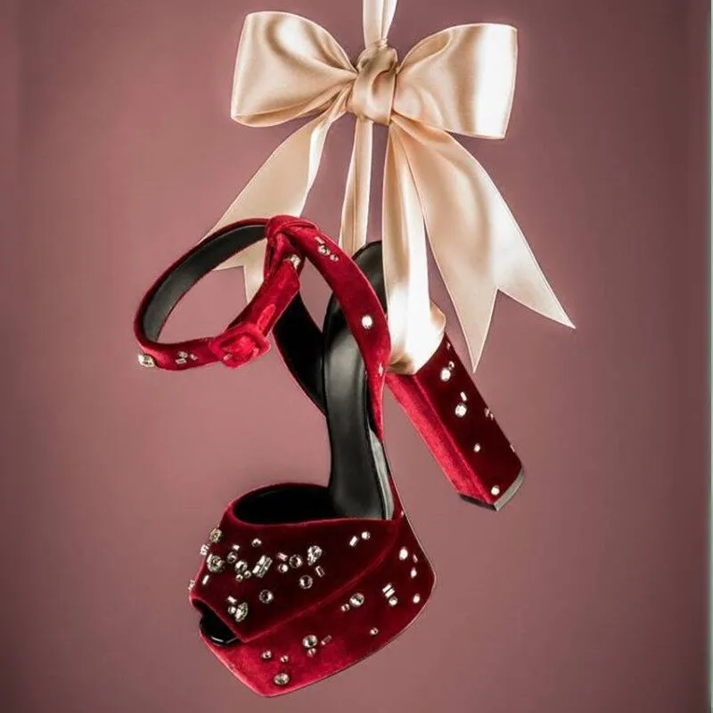 

High Platform Velvet Women Sandals Thick High heels Peep Toe Crystal Embellished Wine Black Ankle Streap Party Wedding Shoes