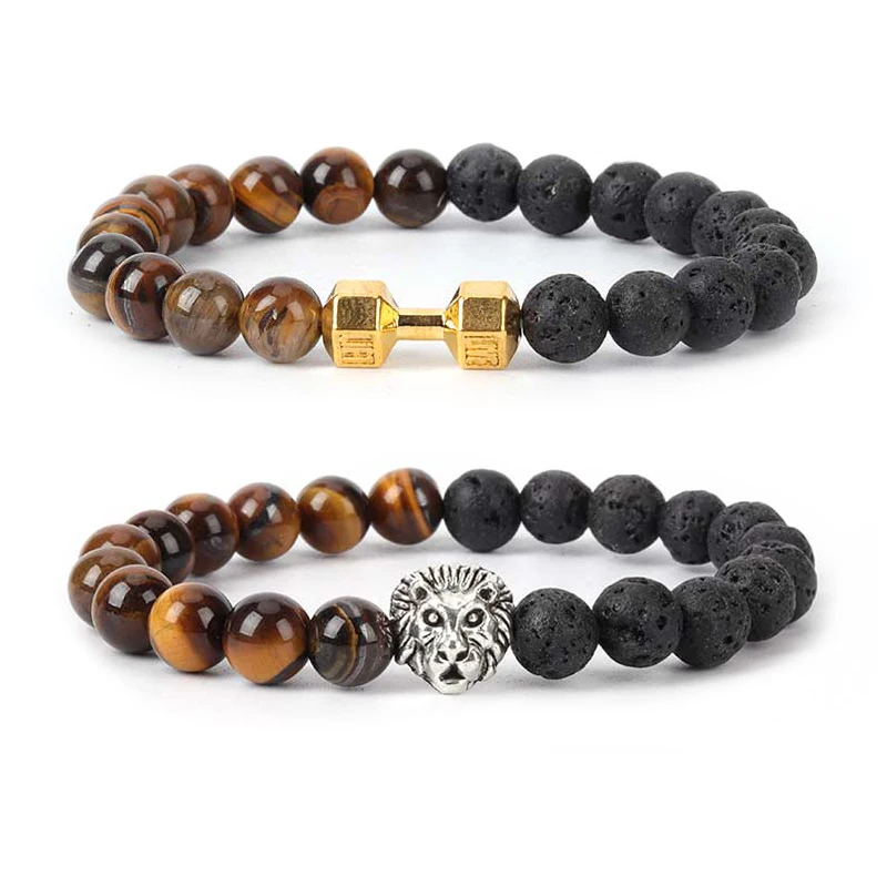 

Fashion Couple Tiger Eye Stone Bracelets Natural Volcanic Classic Black Lava Leopard Lion Dumbbell Cross Buddha Beaded Bracelet