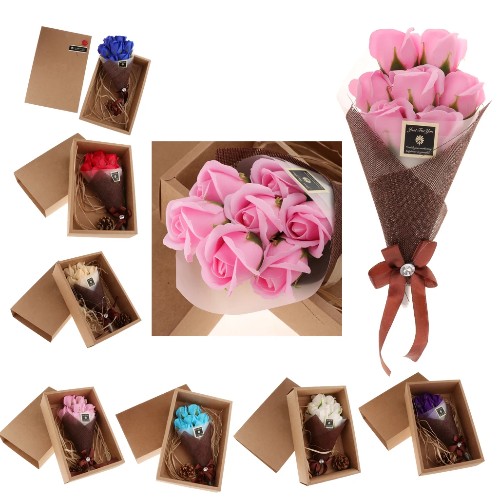 7pcs/set Romantic Vivid Rose Soap Flower Eternal Flower Bouquets Birthday Wedding Valentines Floral Crafts with Gift Box