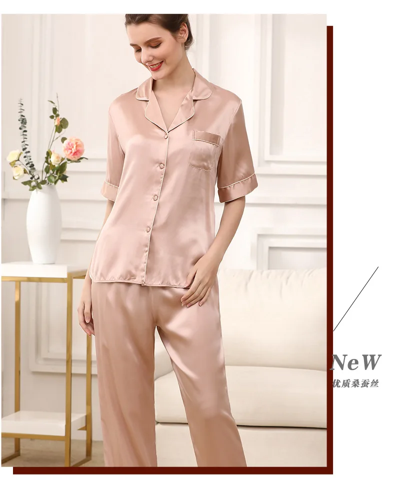 Женские пижамы наборы 100% шелк плюс размер Лето 2019 новые женские шелковые пятна Твердые Топы с коротким рукавом и брюки два предмета наборы