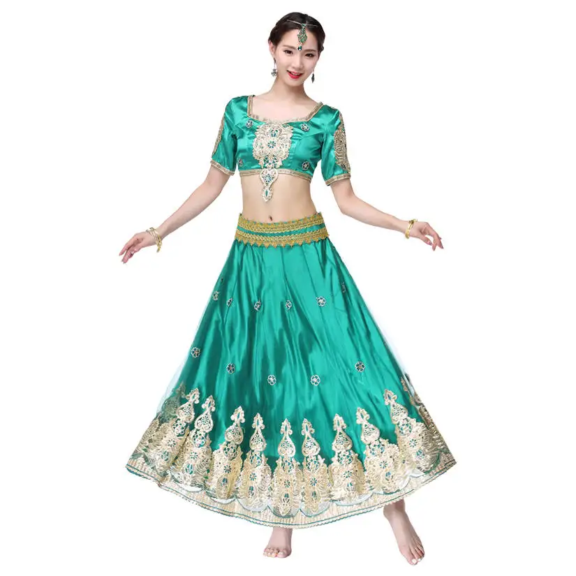 Для женщин Танец живота Индийский танец наряды Болливуд костюм изысканная вышивка с высоким качеством 3 шт./компл. Топ Пояс юбка - Цвет: green