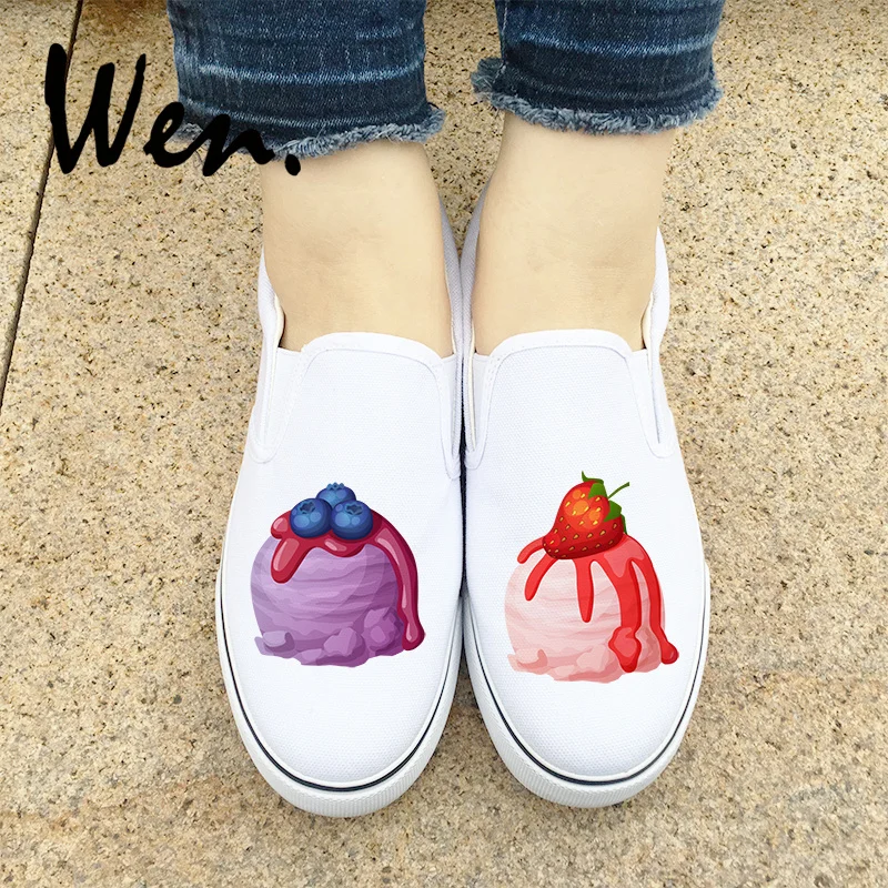Wen Design Blueberry Strawberry Ice Cream Deliciously Slip On White Black Flats Adult Shoes Canvas Sneakers for Men And Women | Спорт и