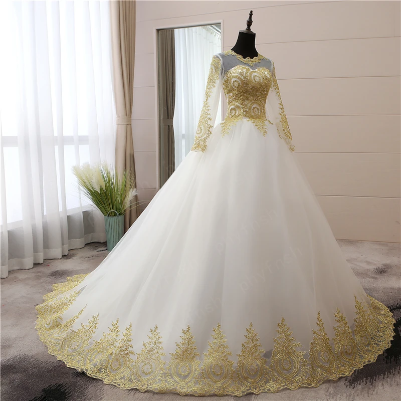 Винтажные золотые кружевные аппликации с вышивкой милые белые синие красные длинные рукава модные мусульманские свадебные платья невесты размера плюс 75