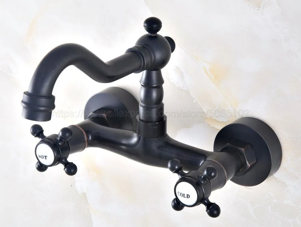 Oil Rubbed Bronze Wall Mounted Swivel Spout Bathroom Sink Faucet Double Handle Mixer Tap Wall Mounted znf451