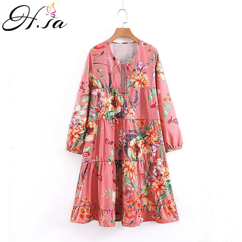 

H.SA 2019 Women Fashion Dress Long Sleeve Bow Neck Floral Print Pink Vestidos Loose Ruffles Summer Dress Long Robe Mujer