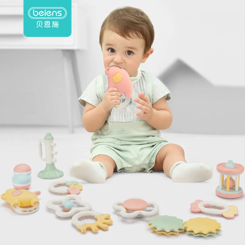 

Beiens 2019 Silicone Teether Rattle Toys For Baby Infants Water Boiling Baby Teeth Solid Grasping Hand Grab Bell Rattle Toys