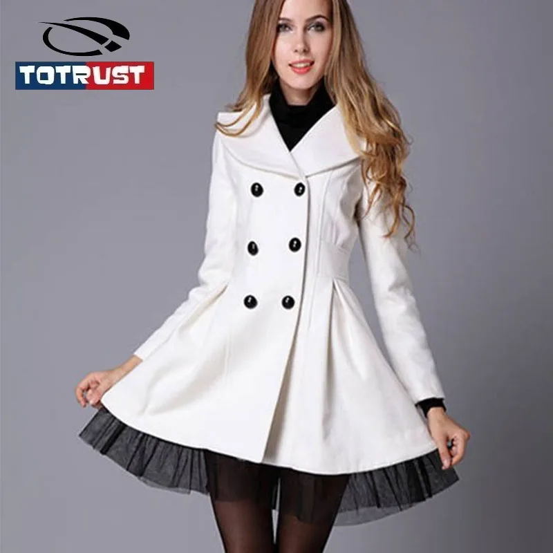 Double Breasted Wool Coat Women 2016 Fashion Winter Coat Women Dress Elegant Red White Black Long