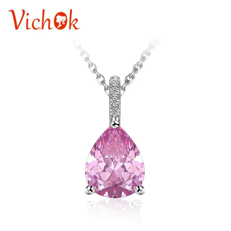 

VICHOK Fashion Pink Crystal Collar Necklace Silver 925 Sterling Charm Necklace Elegant Wedding Jewelry For Women kolye
