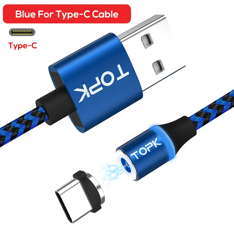 TOPK R-Line3 кабель type-C Магнитный USB кабель 1 м и 2 м нейлоновая оплетка светодиодный индикатор Магнит USB C кабель для зарядки телефонов usb type-C - Цвет: Blue Cable