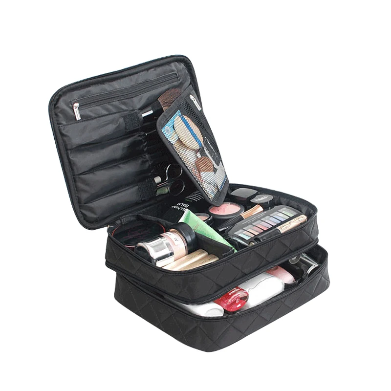 

Double Layer Black Cosmetics Bag High Capacity Travel Bags Wash Makeup Organizer Pouch Beauticians Case Accessories Supplies