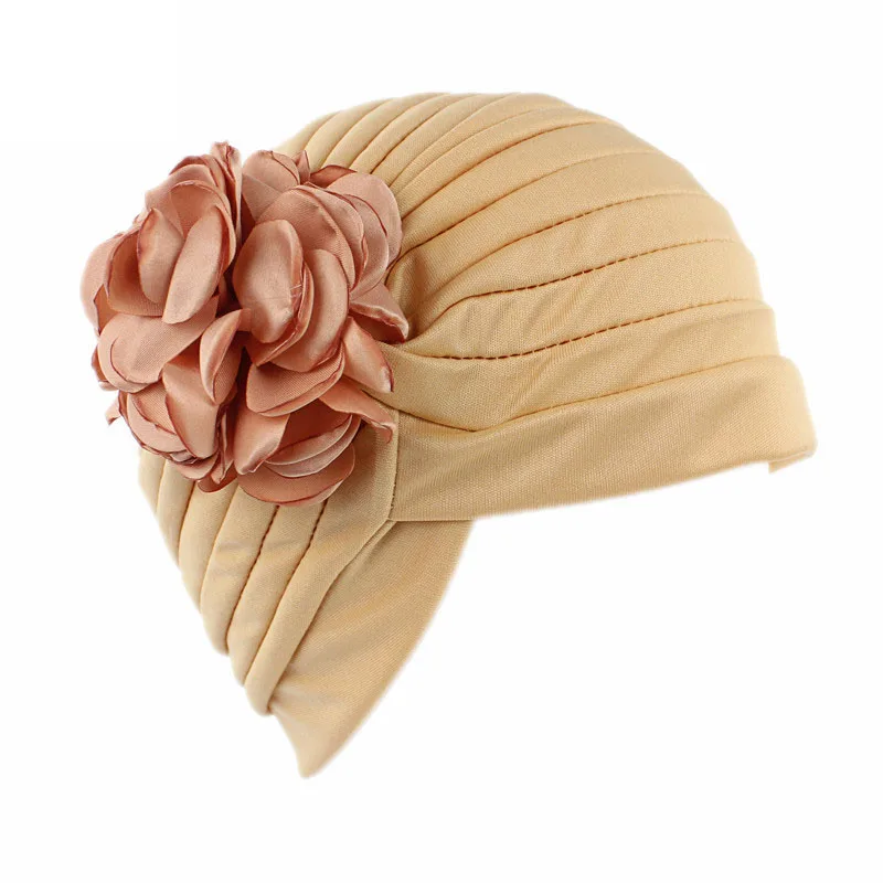 Модная Милая эластичная шапка-тюрбан с цветочным рисунком и рюшами, Шапка-бини, головной убор, мусульманская Кепка для волос, Женская индийская шапка F0248 - Цвет: khaki