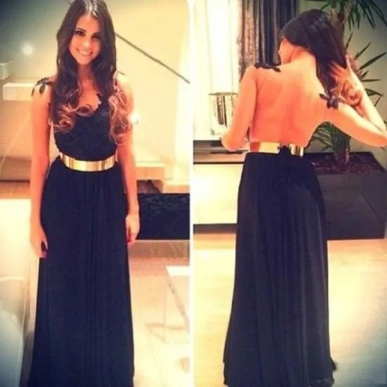 

Sexy Prom Dresses 2017 New Arrival Black Chiffon Sheer Evening Gown Appliques Short Sleeves Prom Dresses Gold Sash LZ127