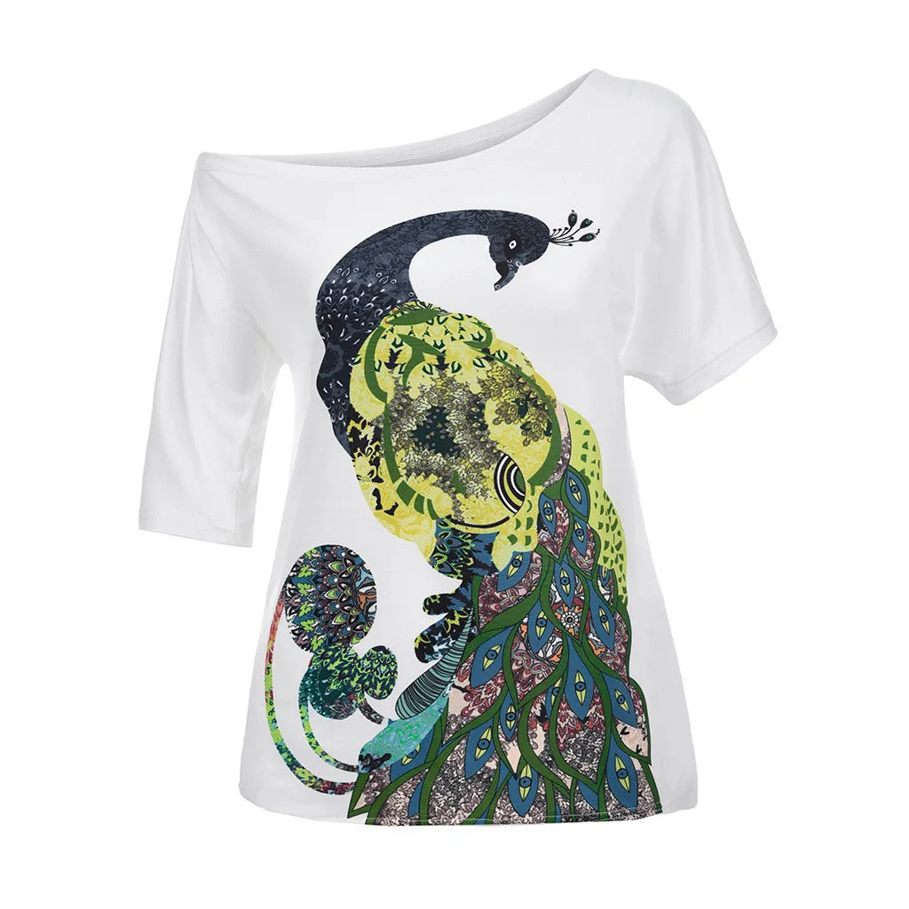 

NEW Summer Women T-shirt Summer Fashion Casual Off Shoulder Femme Tops Peacock Loose O-Neck Stretch Soft Daily T-shirt Women