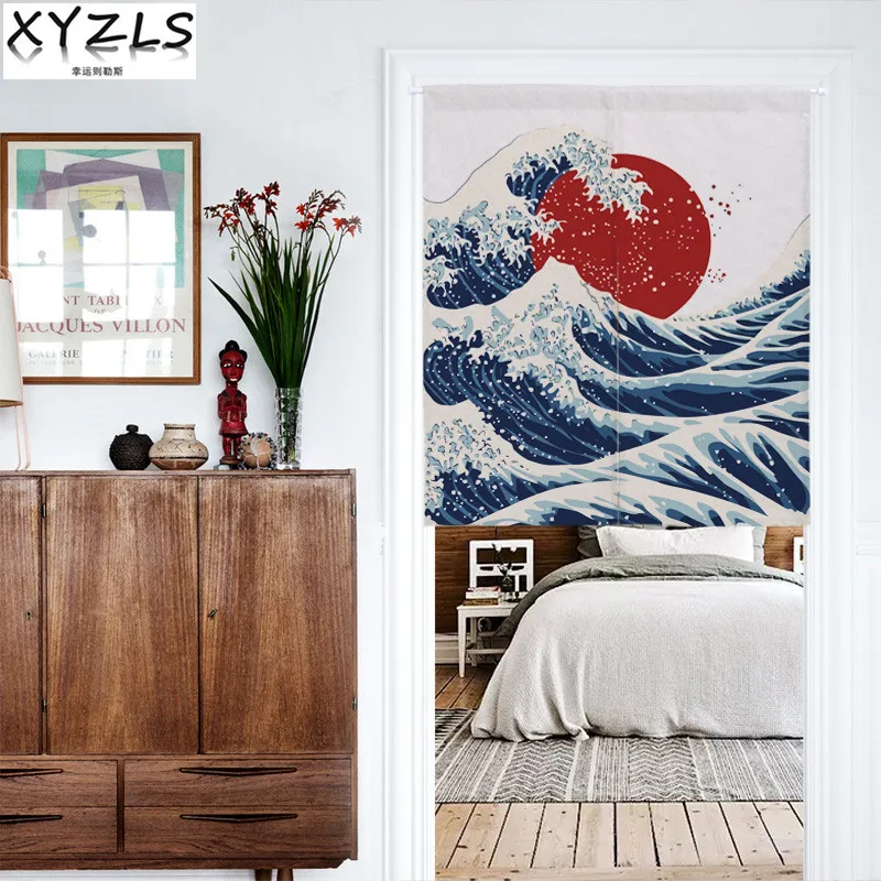XYZLS Japanese Style Wave Door Curtain Cotton Linen Sunrise Kitchen Curtain Retro British