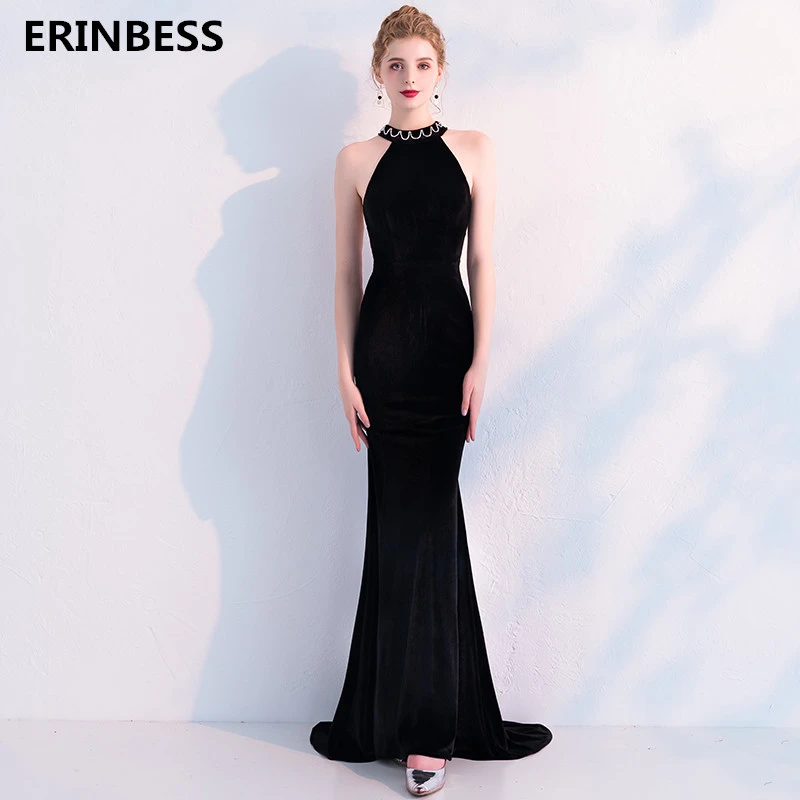 Vestido De noche De terciopelo negro con cuello Halter, traje largo De noche con cuentas, Vestido De fiesta 2019|Vestidos de - AliExpress