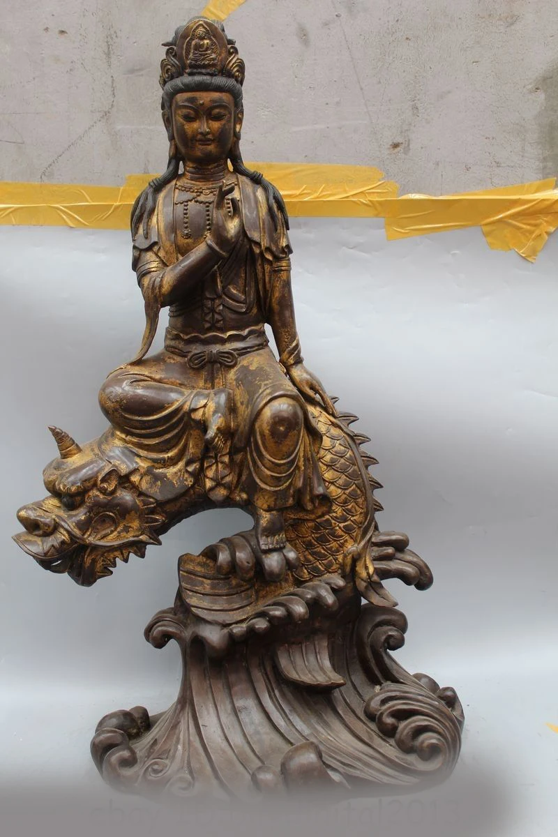 

32" Chinese Buddhism Bronze Gilt Seat Dragon Kwan-Yin Guan Yin Goddess Statue