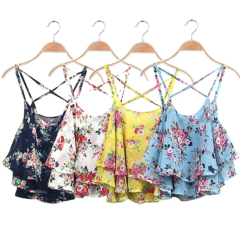 

Women Spaghetti Strap Floral Prints Chiffon Shirt Sexy Vest Blouses Summer Beach Style Crop Tops NYZ Shop