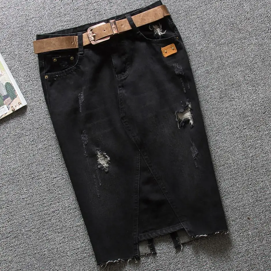 

plus size 5XLHigh waist denim skirt WOMEN 2019 spring and summer slim hole black package hip jeans skirt