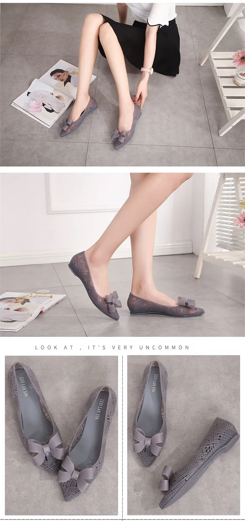 New Women Jelly Shoes Summer Comfortable Flat Beach Sandals  Sweet Bow Quick Dry Hollow Out Waterproof Rain PVC Lady Sandal Shoe (6)