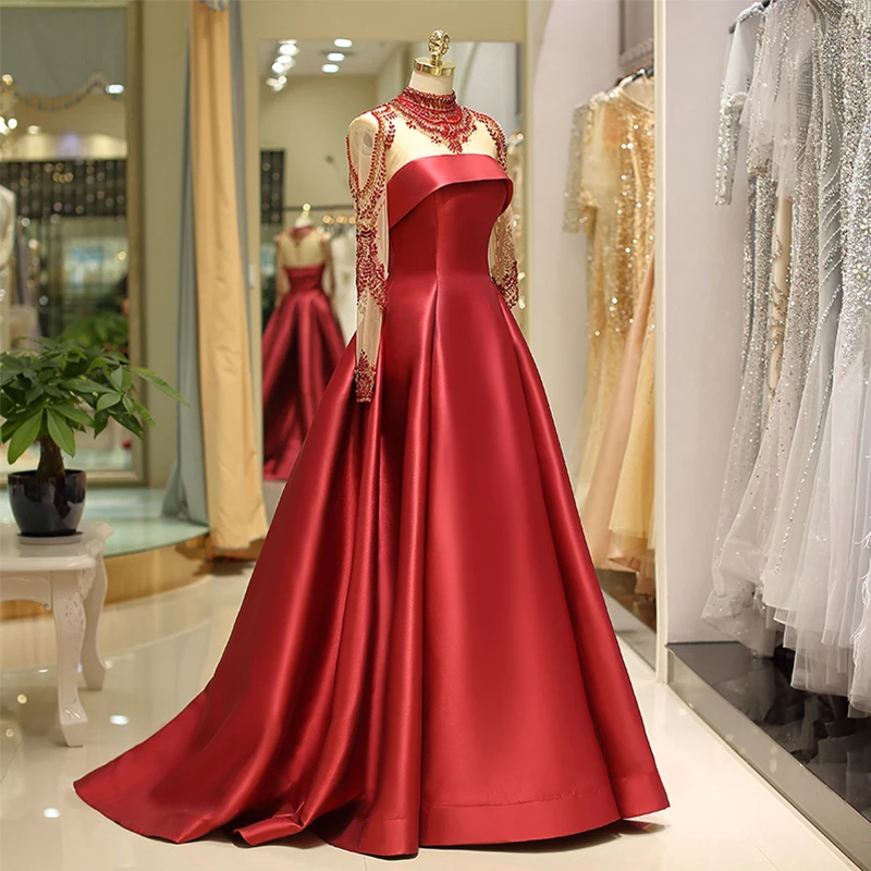 

2019 Long Prom Dresses High Neck Beaded A-line Style Prom Gowns Cheap Illusion Long Sleeves Formal Vestidos De Noche Largo