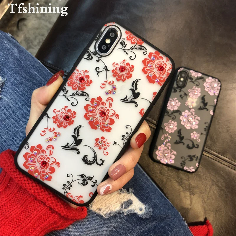 

Tfshining Bling Case for apple iphone 6 s 7 8 Plus Rhinestone Silicon Matte Cover Coque Lace Flower for iphoneX 10 iphone 8 Plus