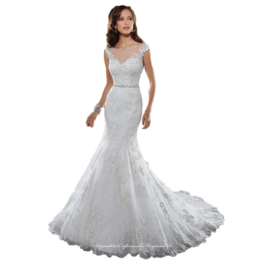

2015 New Design Cap Sleeves Sheer Illusion Neckline Elegant Lace Mermaid Wedding Dress Custom made Applique Sexy Bride Dresses