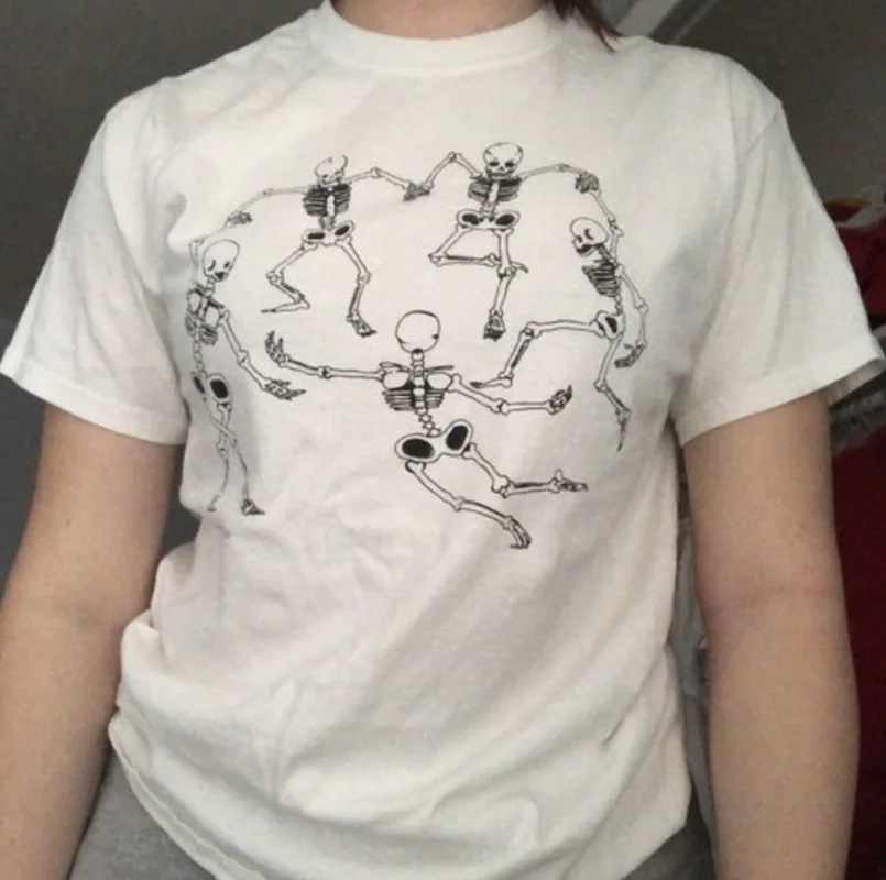 

Women Skeleton Dance T-Shirt Tumblr Grunge Aesthetic White Tee Hipster Art Hoe Shirt