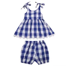 Toddler Kids Baby Girls Clothes Set Blue Plaid Sleeveless Dress Tops Shorts Children Clothing Summer Girl Costume Outfits 2pcs