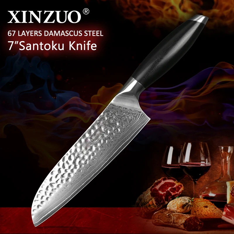 

XINZUO 7'' Santoku Knife Stainless Steel Japanese Chef Knife Damascus Steel G10 Handle Creative Designed Cooking Barbecue Knife