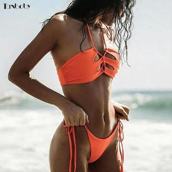 

Orange Swim Suits Hot Sale Brazilian Sexy Bandage Bikinis Women High Cut Bottom Beachwear Sexy Hollow Out Top Swim Thong Bikinis