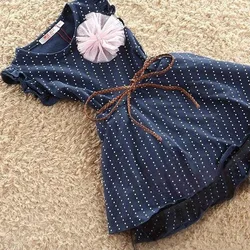 

Girls Dresses 2016 New Arrival Top Quality Dark Blue Short Sleeve Dots Stripe Flower Kids Girl Dress With Belt For Summer 2-7Y