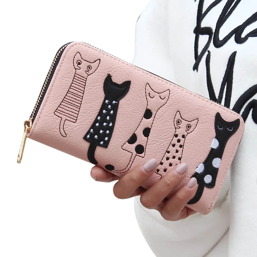 Женский кошелек-клатч на молнии с кошкой, длинный держатель для карт, кошелек, сумка Billetera Mujer, Женский кошелек на молнии с карманом, унисекс - Цвет: Pink
