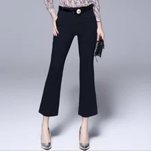 women Pants Capris Large size women's spring new casual flared pants slim micro-long pants black floral print flared long pants