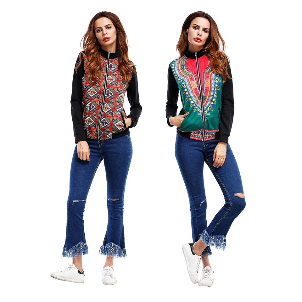 

New retro ethnic style women's coat slim baseball female short coat casual print zipper coat
