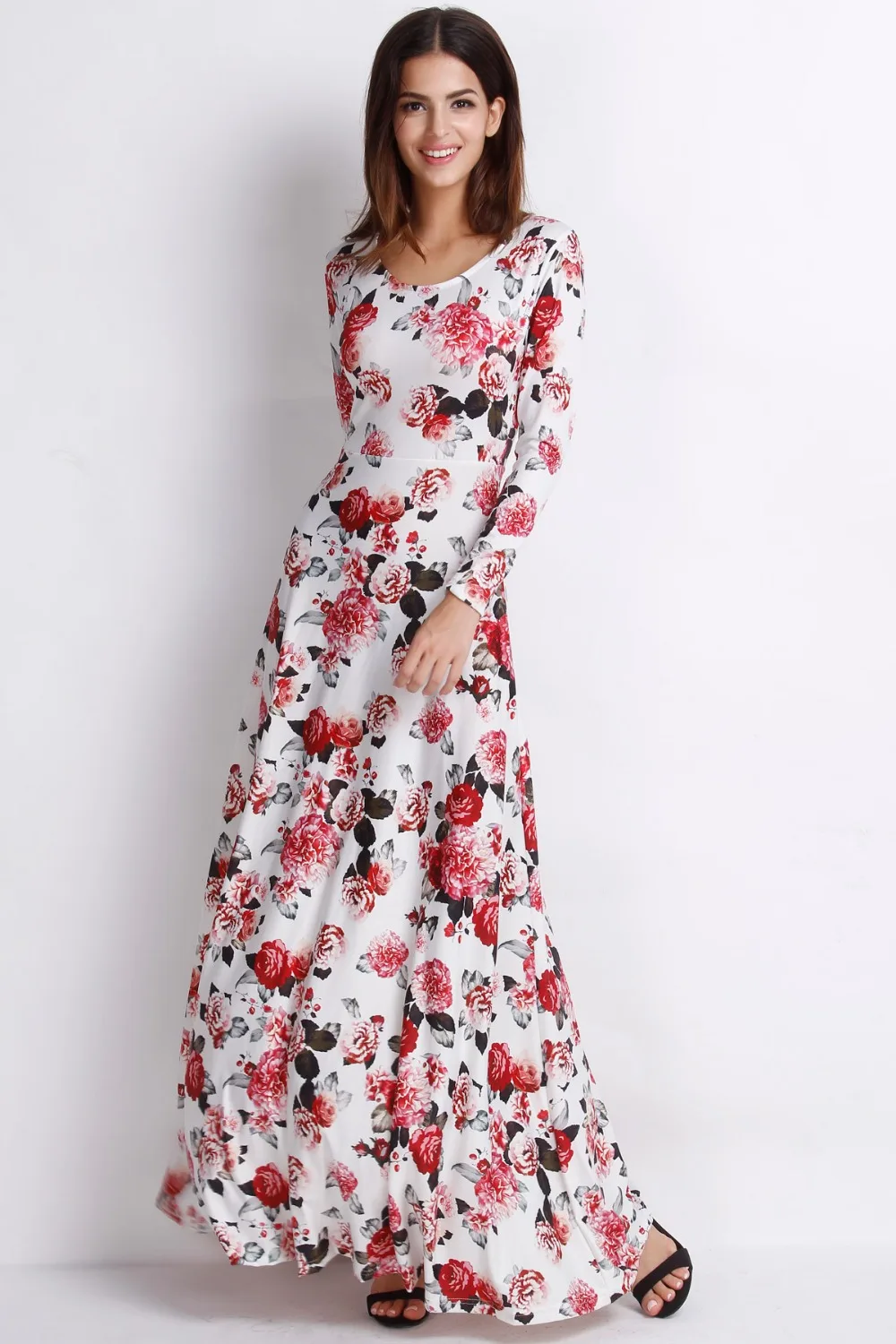 2015 floral gorgeous summer style O neck fit and flare full sleeve maxi ...