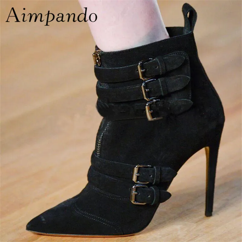 

2019 Sexy Black Suede Ankle Boots Women Pointed Toe Belt Metal Buckle Side Zipper High Heel Boots Woman Short Boots