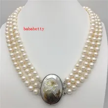3 ряда натуральный пресноводный жемчуг AAA 7-8 мм ожерелье оболочки застежка 20 дюймов