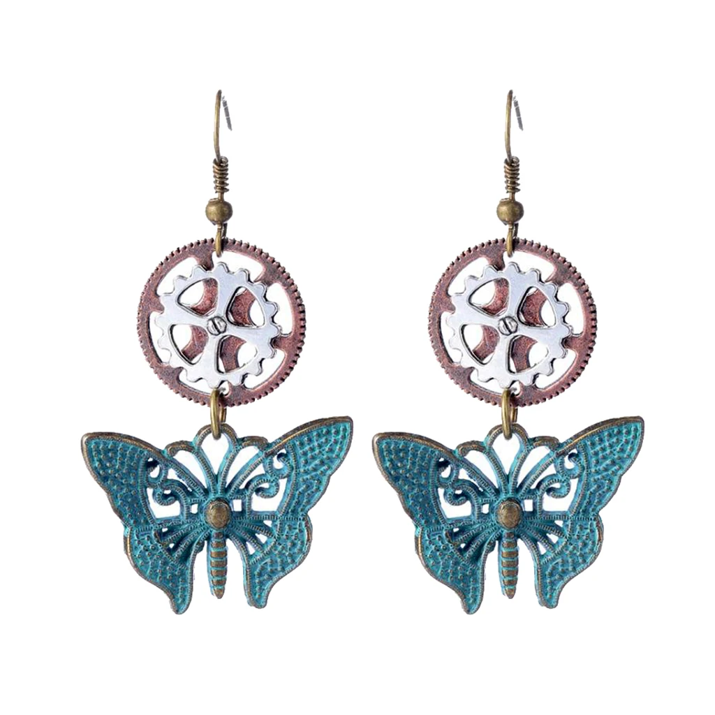 Gothic SteamPunk Gear Earrings Butterfly Dangle Punk Antique Women Jewellery