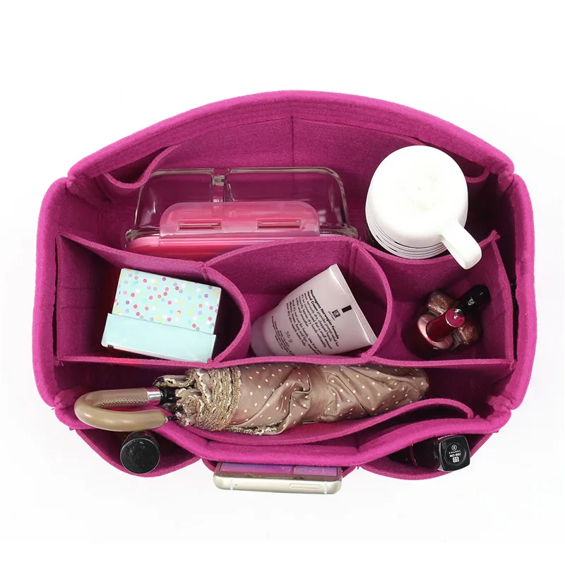  Women Cosmetic Organizer Felt Fabric Handbag Tote Purse Multiple Pockets Makeup Storage Bags Rose 3