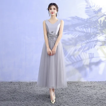 

Bridesmaid Dress for Wedding Party Satin Midi Dress Sleeveless Embroidery Back of Bandage Grey Colour