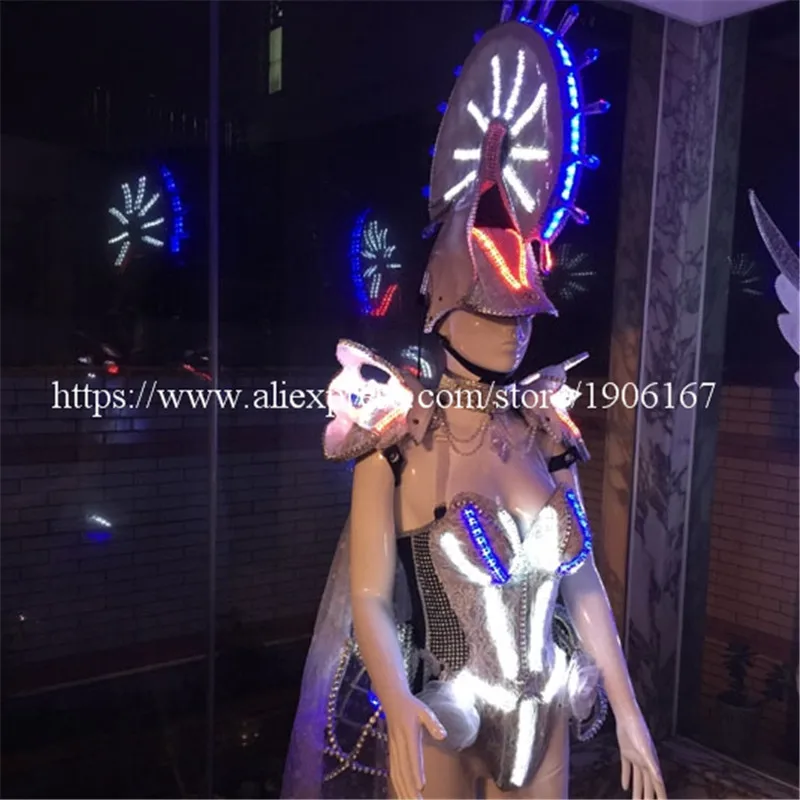 Led Luminous White Knight Sexy Dress Catwalk Clothes Carnival Victoria Ballroom Costume Stage Dance DJ Singer