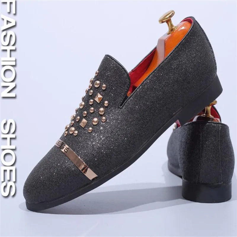 Luxury Men Silver Black Diamond Spiked Loafers Rivets Slippers Red Bottom Wedding Party Shoes Stylish men driving flats